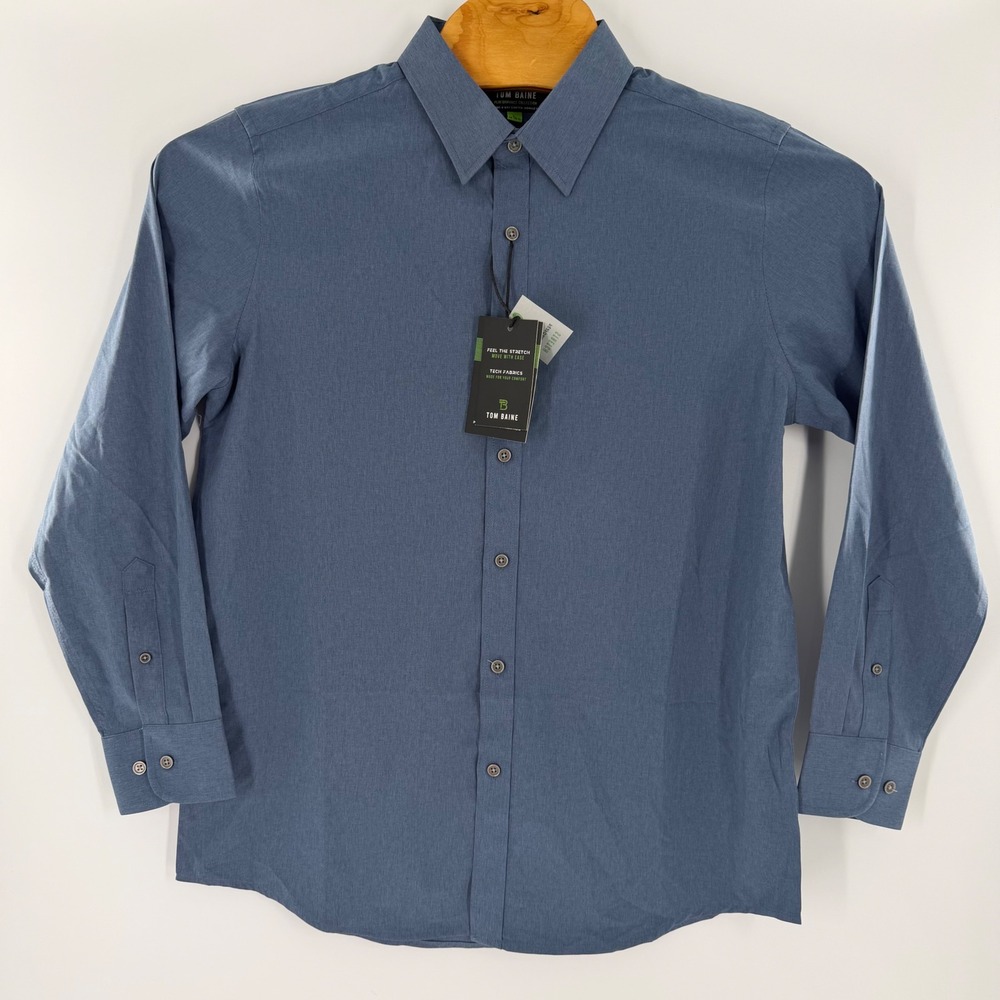 Tom Baine Mens Performance Slim Fit Shirt Blue Tech Stretch Large 16-16.5